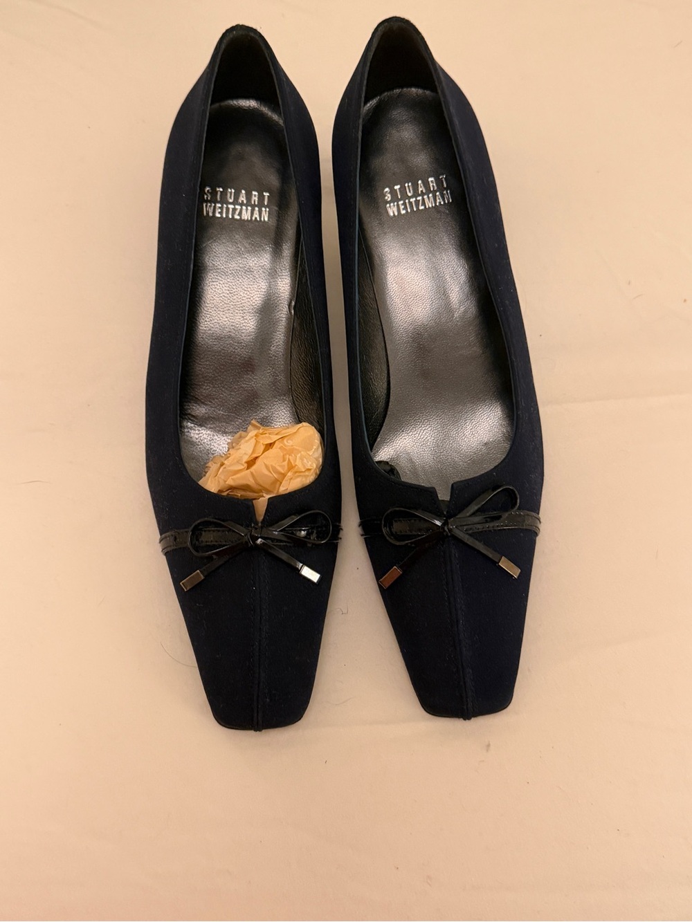 Stuart Weitzman Navy fabric Square-Toe Bow Ballet Flats 6.5 M never worn